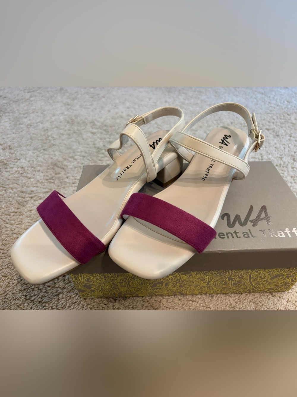 Women’s Neutral and Magenta Block Heel Sandals with Ankle Strap